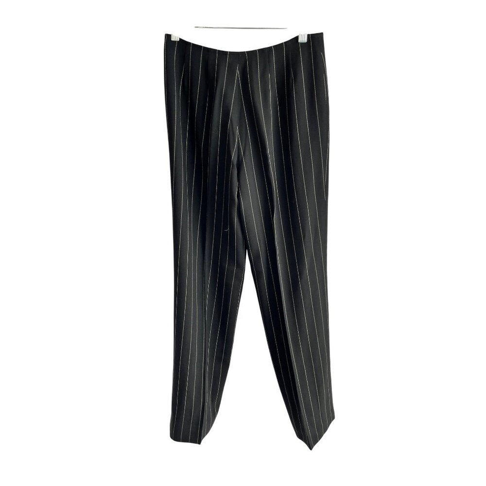 Worldly Things Pinstriped Wool Pants Womens Sz 12 Black & White Striped Trousers
